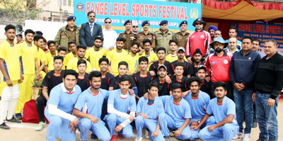 Teams posing for a group photograph during inaugural ceremony of JKS Range Level Sports Festival in Jammu.