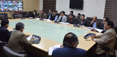 Chief Secretary B B Vyas holding a video conference with DCs at Jammu on Friday.