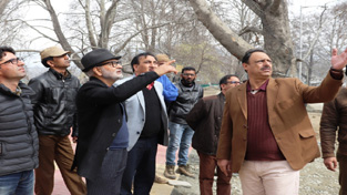 Minister for Public Works, Naeem Akhtar inspecting development projects at Srinagar on Tuesday.