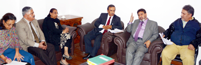 Minister for Education, Altaf Bukhari and Advisor to CM, Prof Amitabh Mattoo chairing a meeting at Jammu on Thursday.