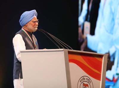 Former Prime Minister Dr Manmohan Singh addressing Congress’ plenary session in New Delhi on Sunday.