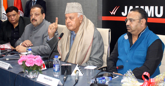 NC president, Dr Farooq Abdullah addressing JCCI members in Jammu on Saturday. —Excelsior/Rakesh