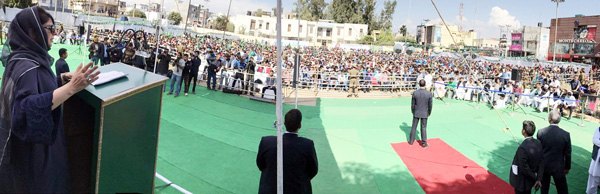 Chief Minister Mehbooba Mufti addressing PDP youth convention in Jammu on Sunday. —Excelsior/Rakesh