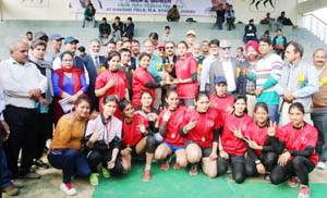 Winners posing along with chief guest Kavinder Gupta and other dignitaries during valedictory function of State Kabaddi Championship.