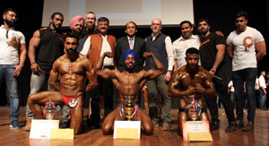 Body builders displaying muscles during a day-long event organized by Team Jammu on Wednesday.