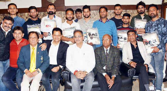 National Cricket Club players and officials posing along with Kavinder Gupta, Speaker J&K Legislative Assembly in Jammu on Friday.