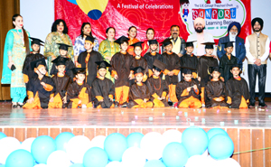 Children posing for a group photograph during Annual Day function of Sanfort Preschool Miran Sahib in Jammu.
