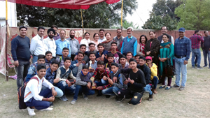 Young players posing alongwith Chanchal Kour, DYSSO Jammu and other dignitaries in Jammu on Wednesday.