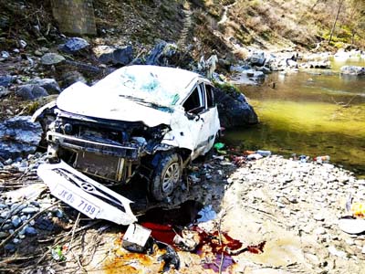 Ill-fated vehicle after accident near Seri village in tehsil Bhaderwah. -Excelsior/Tilak Raj