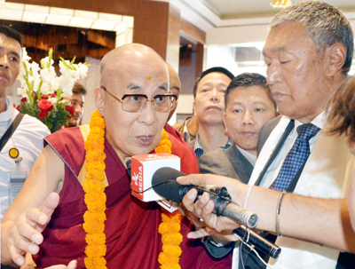Tibetan spiritual leader Dalai Lama interacting with media persons at Jammu.