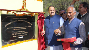 NC Provincial President Devender Singh Rana laying foundation stone of foot-bridge at Jandrah on Wednesday.