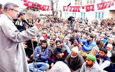 Former CM Omar Abdullah addressing workers’ convention at Kulgam on Sunday.