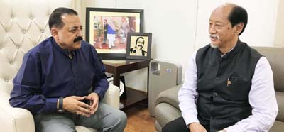 New Chief Minister of Nagaland, Neiphiu Rio, currently on a visit to the union capital, calling on Union Minister Dr Jitendra Singh, at New Delhi on Saturday.