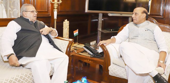 Governor Satya Pal Malik in a meeting with Home Minister Rajnath Singh in New Delhi on Tuesday.
