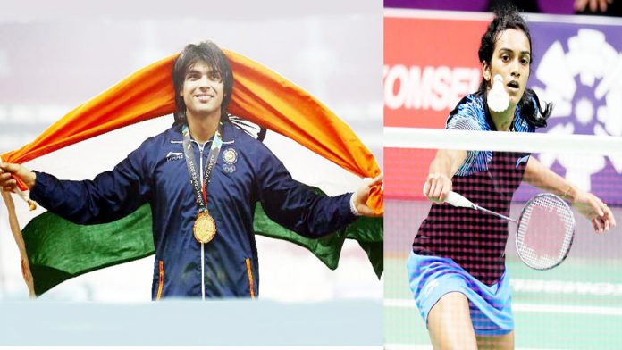 Neeraj Chopra holding Indian Flag after winning gold medal in Asian Games (L) P V Sindhu in action during semifinal.