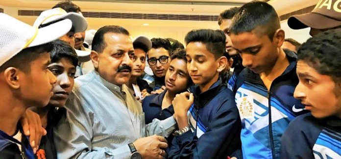 Union Minister Dr Jitendra Singh during an informal interaction with students from Udhampur and Kathua, at a luncheon get-together hosted by him, at New Delhi on Friday.