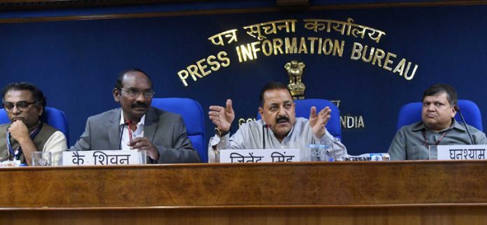 Union Minister Dr Jitendra Singh, flanked by ISRO Chairman Dr K. Sivan, addressing a press conference at PIB Centre, New Delhi on Tuesday.