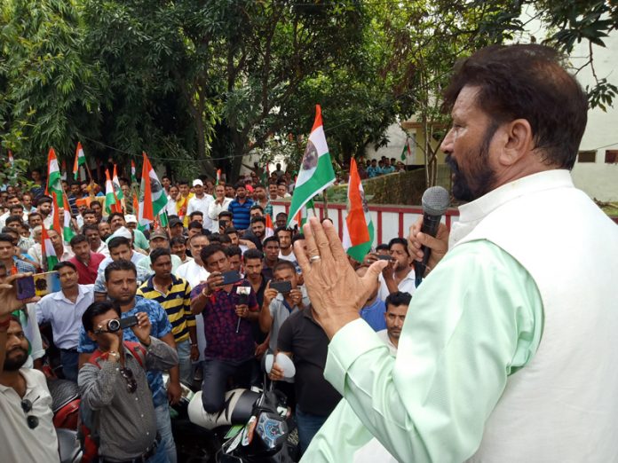 Former Minister and BJP MLA Ch Lal Singh addressing a rally at Kathua on Wednesday. — Excelsior/ Pardeep