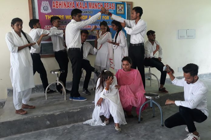 Students participating in theatre workshop at Govt. Degree College Reasi on Monday.