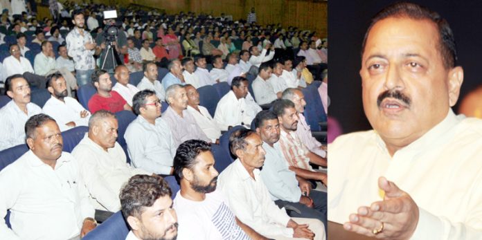 Union Minister, Dr Jitendra Singh addressing a function at Jammu University on Saturday. —Excelsior/Rakesh