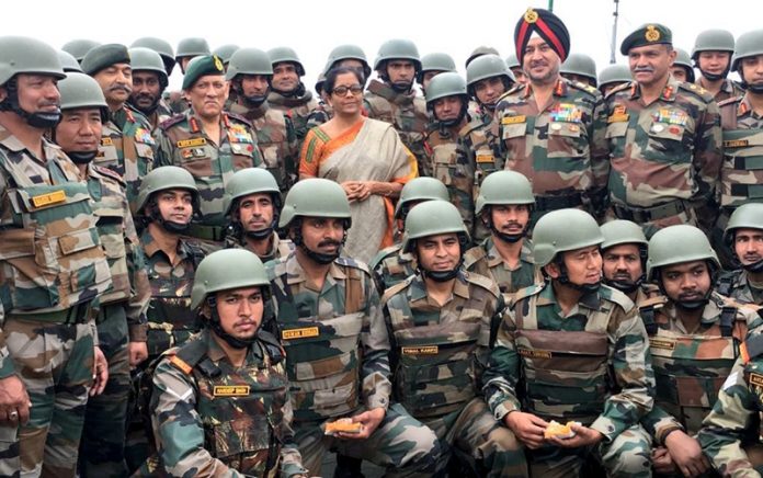 Defence Minister Nirmala Sitharaman along with Army chief General Bipin Rawat at Balbir forward post in Kashmir on Sunday.