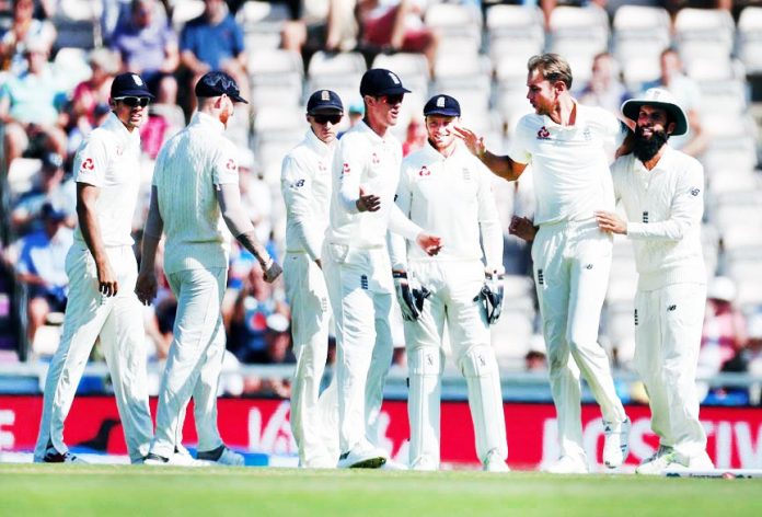 England's Stuart Broad celebrates taking the wicket of India's KL Rahul during the fourth test match at Southampton.