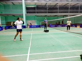 Players in action during Inter-Collegiate Badminton Tournament at University of Jammu.