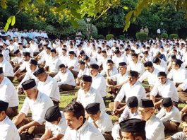 RSS activists during a programme held in connection with foundation day of Sangh at Jammu on Sunday.