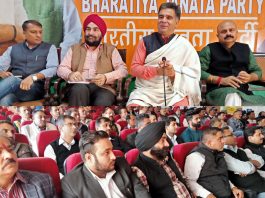 BJP State President, Ravinder Raina along with party general secretary, Yudhvir Sethi and convener all cells, Varinderjit Singh addressing a meeting at Jammu on Saturday.