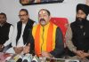 Pandit Rumil Sharma, head priest of Kal Bharav temple flanked by the leaders of other religions in a news conference at Jammu on Saturday. —Excelsior Rakesh