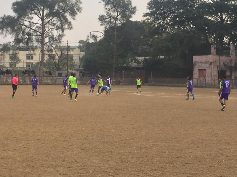 Players in action during football match at Jammu on Sunday.