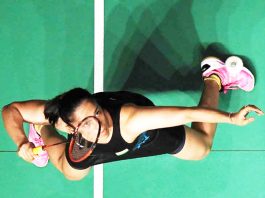Acrobatic Saina Nehwal in action during a match against Okuhara in Maslaysia Masters at Kualalumpur.