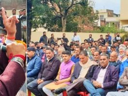 Union Minister Dr Jitendra Singh addressing BJP workers from different Mandals of district Reasi, at Katra on Wednesday. —Excelsior/Mengi