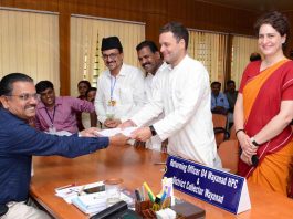 Congress President and UDF candidate for Wayanad Lok Sabha seat Rahul Gandhi filling his nomination papers for the up coming Lok Sabha election 2019 at Kalpetta in Wayanad on Thursday. (UNI)
