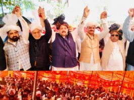 NC provincial president Devender Singh Rana and others in a public meeting at Poonch on Thursday.