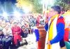 BJP State president, Ravinder Raina addressing an election rally in Leh on Friday.