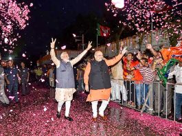 Prime Minister Narendra Modi and BJP president Amit Shah arrive at BJP’s New Delhi headquarters on Thursday. (UNI)