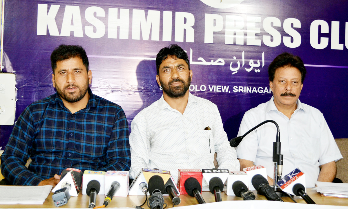SJAC leaders addressing a press conference at Press Club Srinagar. -Excelsior/Shakeel