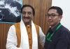 MP from Ladakh, Jamyang Tsering Namgyal posing for a photograph with HRD Minister, Ramesh Pokhriyal at New Delhi on Thursday.