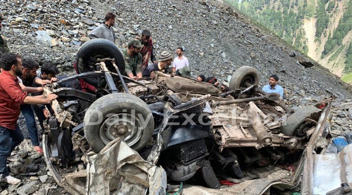 Wreckage of vehicle which rolled down on Mughal Road, lying in deep gorge near Peer-Ki-Gali on Thursday. -Excelsior/Younis Khaliq
