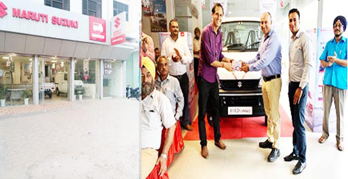 Jammu Motors commercial showroom at Qasim Nagar (left) and Eeco Cargo being launched in the showroom (right).
