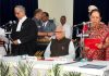 Allahabad High Court Chief Justice Govind Mathur administered oath to newly appointed Uttar Pradesh Governor Anandiben Patel at Raj Bhawan in Lucknow on Monday. (UNI)