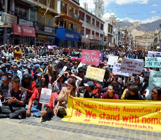 Students during protest at Leh on Thursday. —Excelsior/Morup Stanzin