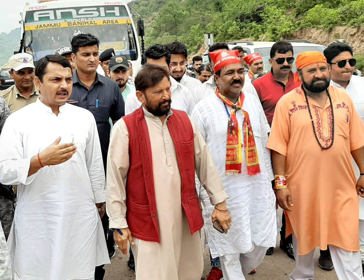Ex-Minister and chairperson DSS Ch Lal Singh and ex-MLA R S Pathania after receiving Pingla Mata Yatra at village in Kathua on Tuesday.
