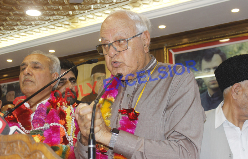 NC president Dr Farooq Abdullah speaking at party headquarters in Srinagar on Sunday. —Excelsior/Shakeel