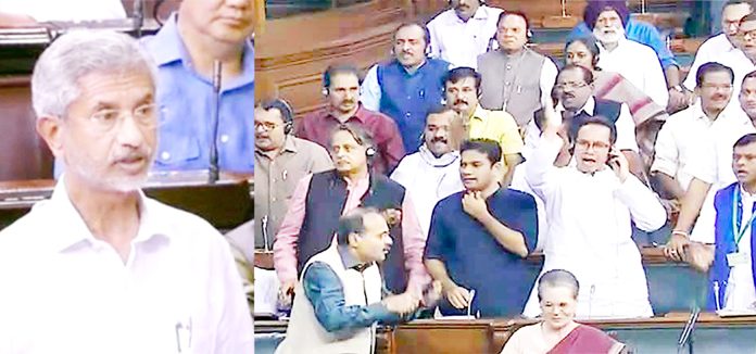 External Affairs Minister S Jaishankar makes a statement (left) and Opposition MPs protest (right) in Lok Sabha on Tuesday.