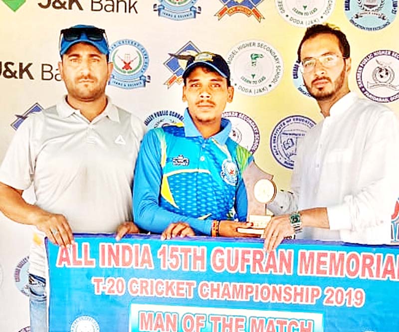 Man of the match awarded being presented to winners at Sports Stadium in Doda on Thursday.
