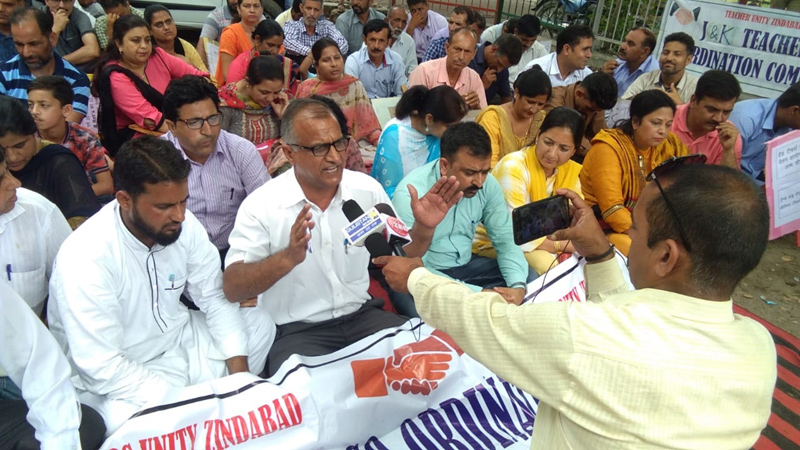 Teachers protesting in support of their demands near Press Club Jammu on Saturday.
