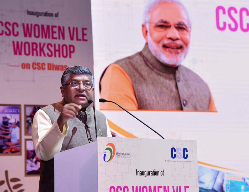 Union Minister for Law & Justice, Communications and Electronics & Information Technology, Ravi Shankar Prasad addressing at the inauguration of the workshop on Women VLE to mark CSC Diwas, in New Delhi on Tuesday.