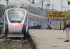 India’s fastest train reaching Jammu Tawi Railway Station during its trial run on Delhi-Jammu-Katra route on Monday. —Excelsior/Rakesh